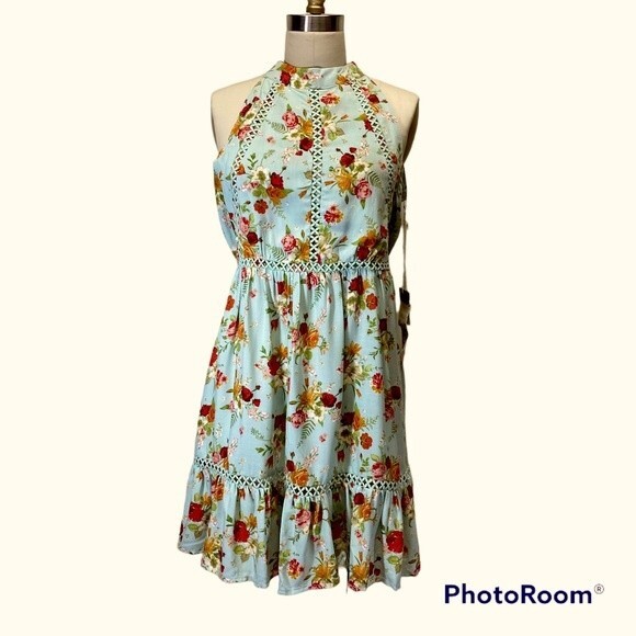 Sunday Mi Amore NWT High Neck Halter Backless Ruffle Ditsy Floral Mini Dress XS - Picture 1 of 16